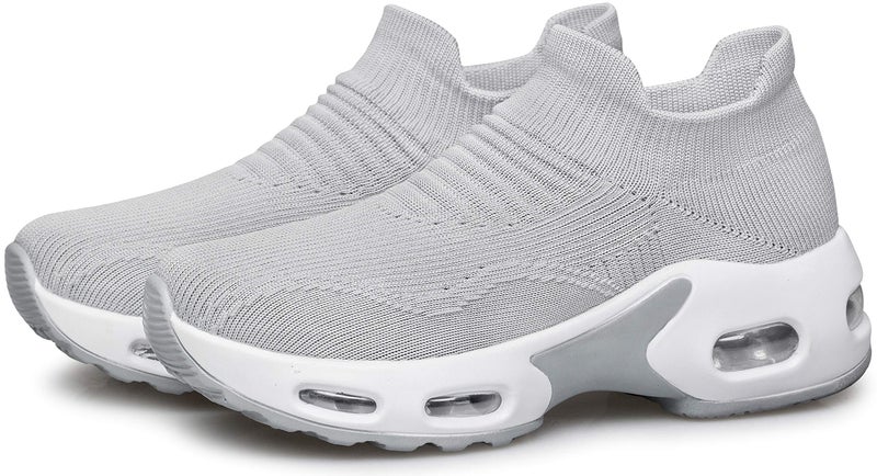 DOUSSPRT Womens Walking Sneakers Slip on Sock Shoes Lady Girls Nurse Mesh Air Cushion Platform Loafers Fashion Casual Light Grey US Size 7 7.5 - Image 4